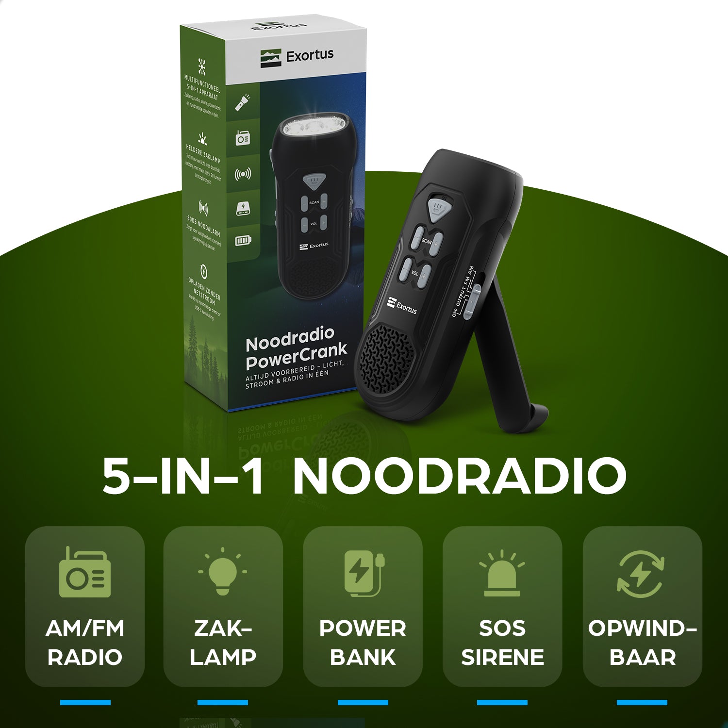 Exortus® - LED Zaklamp & Noodradio Dynamo Opwindbaar