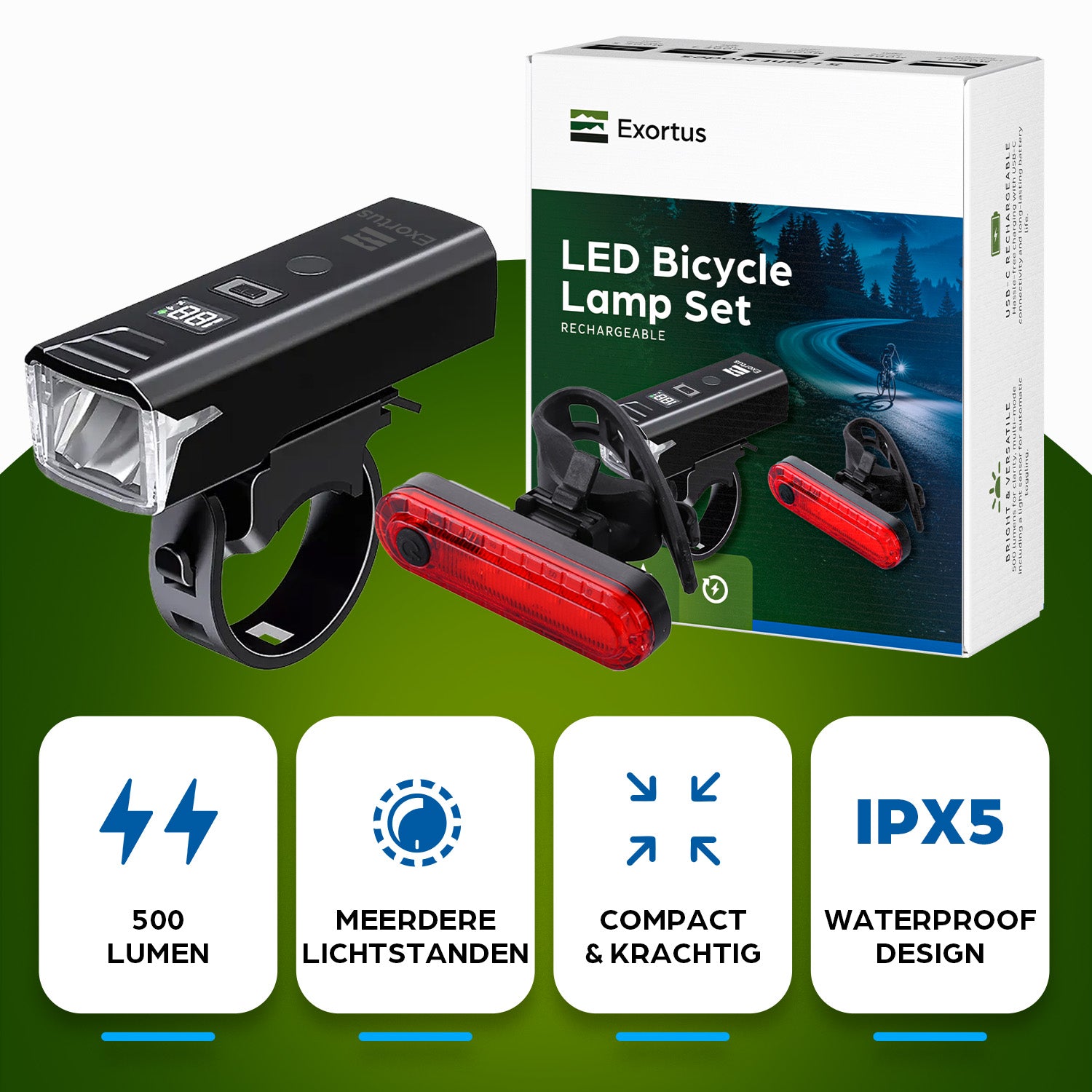Exortus® - Oplaadbare LED Fietsverlichting set - Exortus-Outdoor