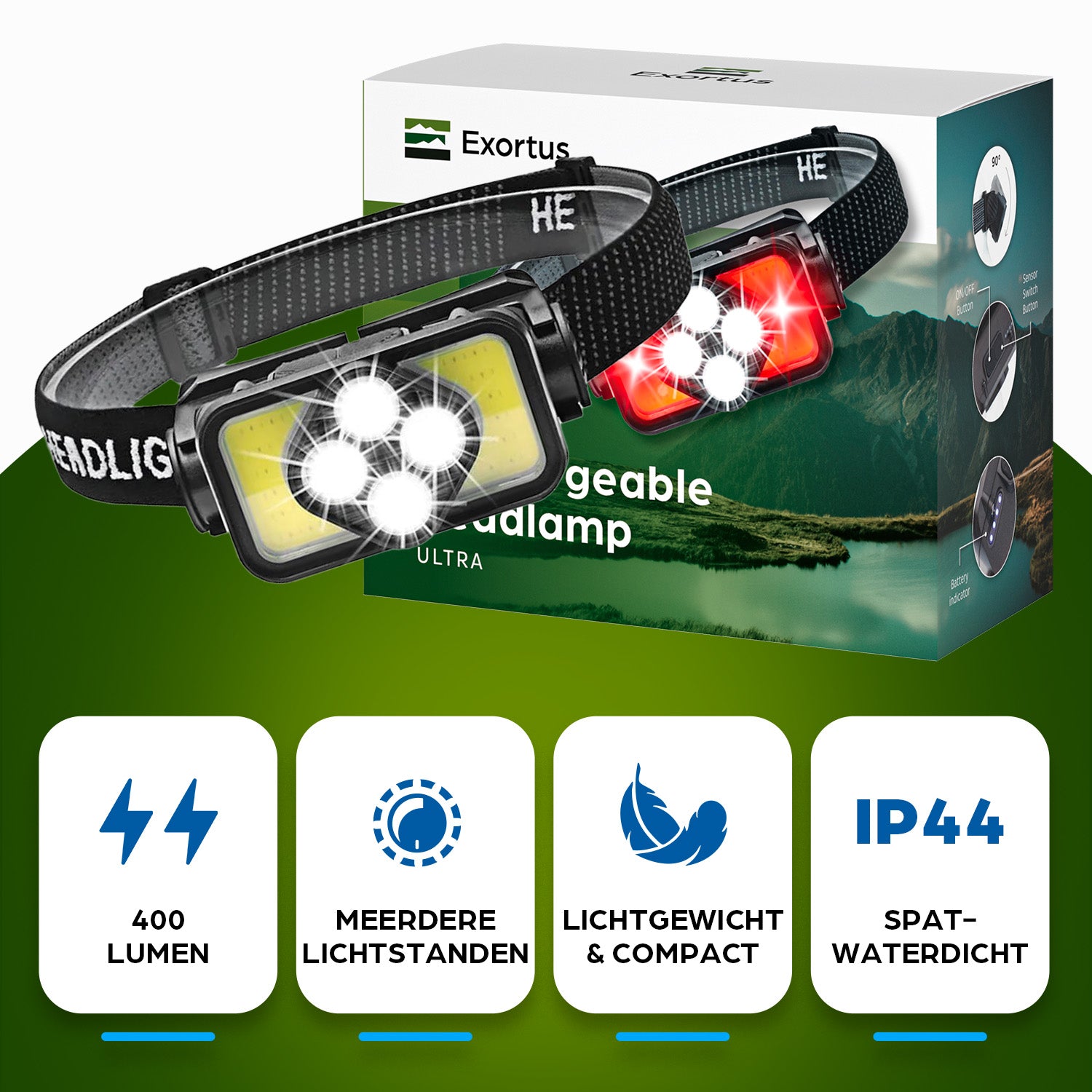 Exortus® Oplaadbare LED Hoofdlamp - Exortus-Outdoor
