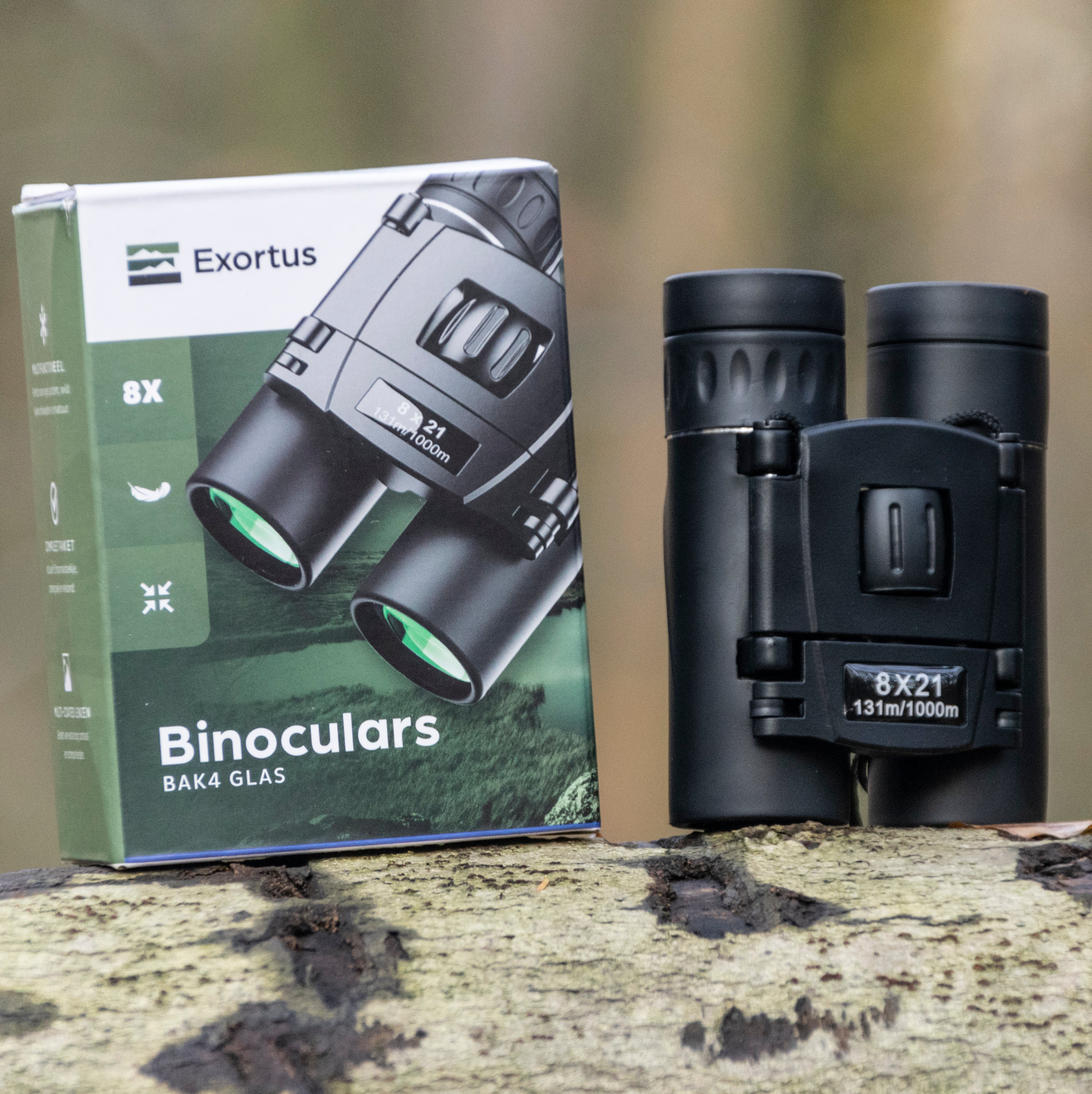 Exortus verrekijker met verpakking en accessoires